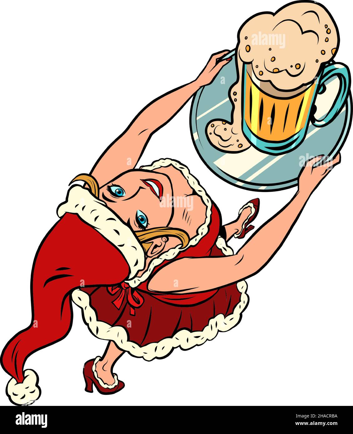 Sorridente cameriere di babbo natale con una tazza di birra, ristorante pub con bar di Natale Illustrazione Vettoriale
