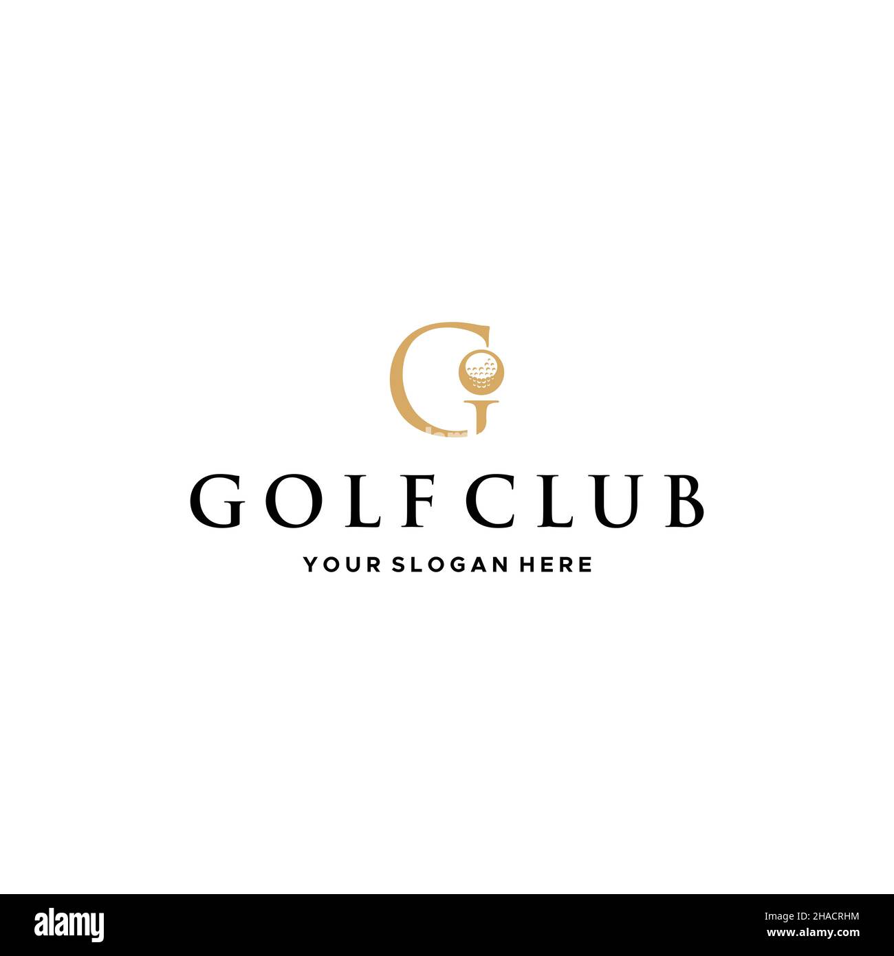 Flat quest'ultimo marchio logo GOLFCLUB sfera dorata Illustrazione Vettoriale
