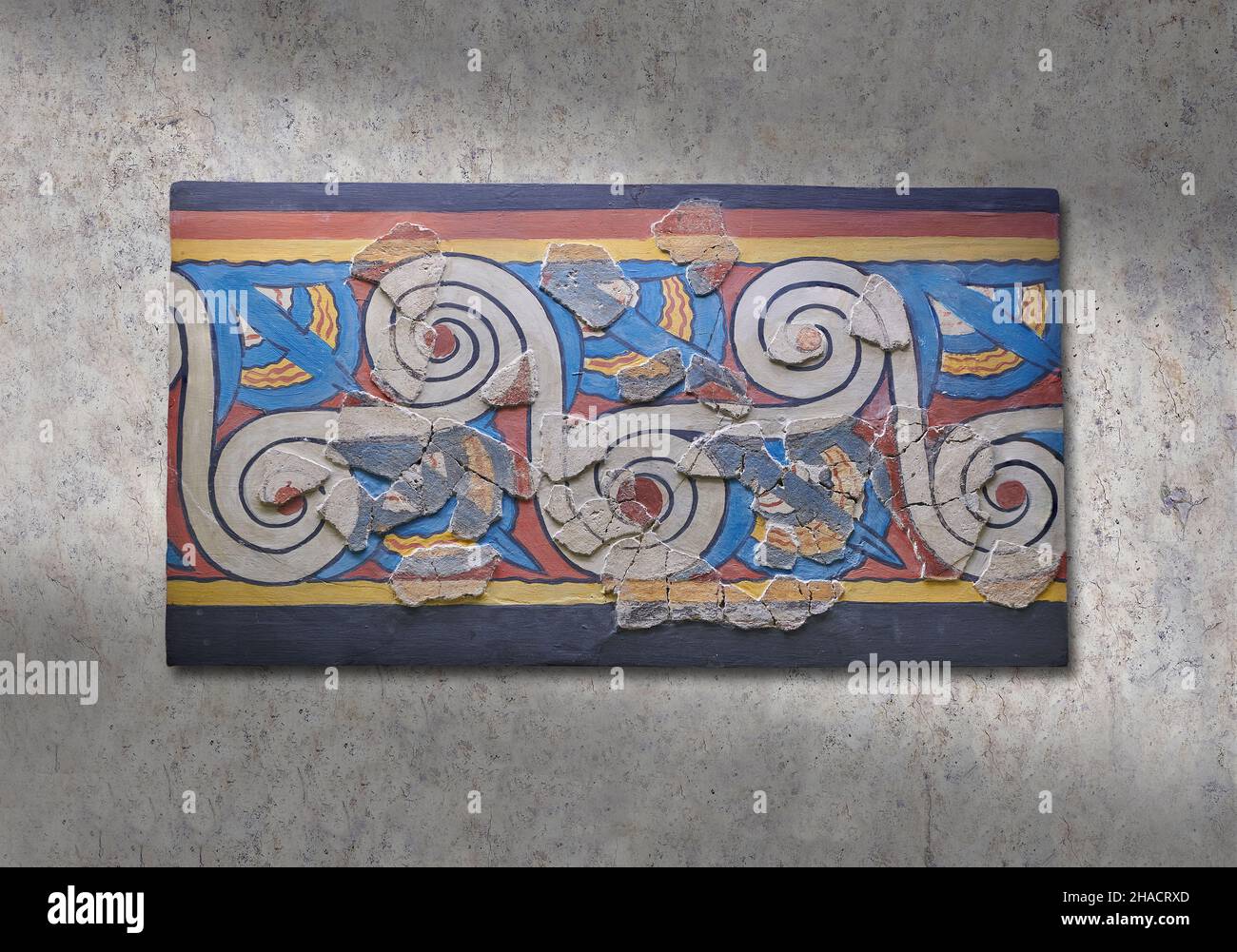 Affresco murale miceneo con spirali running e decorazioni in loto dal Palazzo di Micene, zona pithos, 1500-1400 a.C. Micene. Micene archeologica Foto Stock