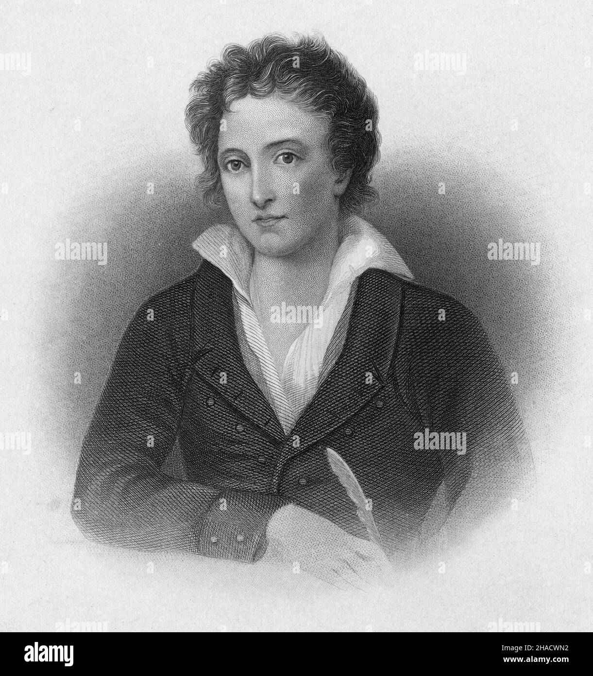Incisione antica del 1870 di Percy Bysshe Shelley di Henry Bryan Hall (New York). Percy Bysshe Shelley (1792-1822) è stato uno dei maggiori poeti romantici inglesi. FONTE: INCISIONE ORIGINALE Foto Stock