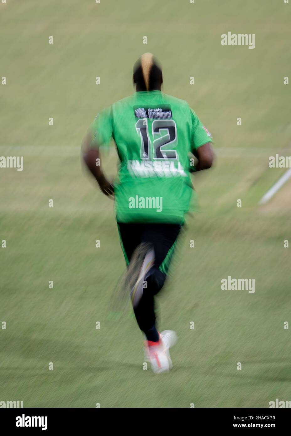 Andre Russell of Stars Bowls durante la partita tra Sydney Thunder e Melbourne Stars al Sydney Showground Stadium, il 12 dicembre 2021, a Sydney, Australia. (Solo per uso editoriale) Foto Stock