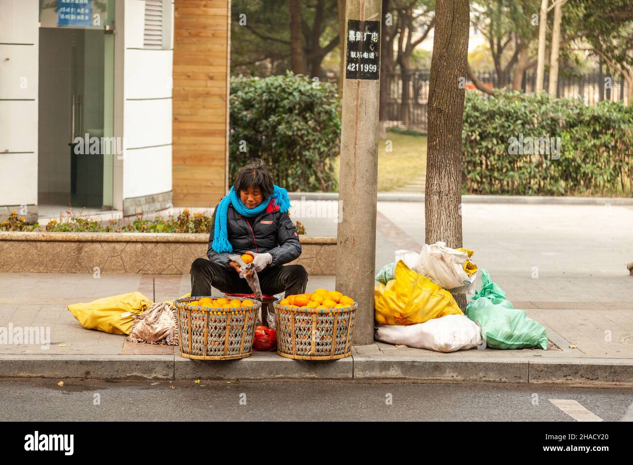 Venditore di strada di arance. Jiashan, Cina. Foto Stock