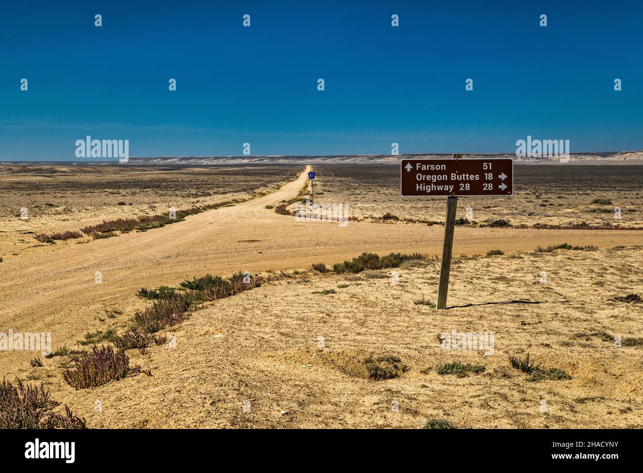 Bar X Road (CR 21), all'incrocio tra Oregon Buttes Road (CR 74), Red Desert, Great divide Basin, Wyoming, USA Foto Stock