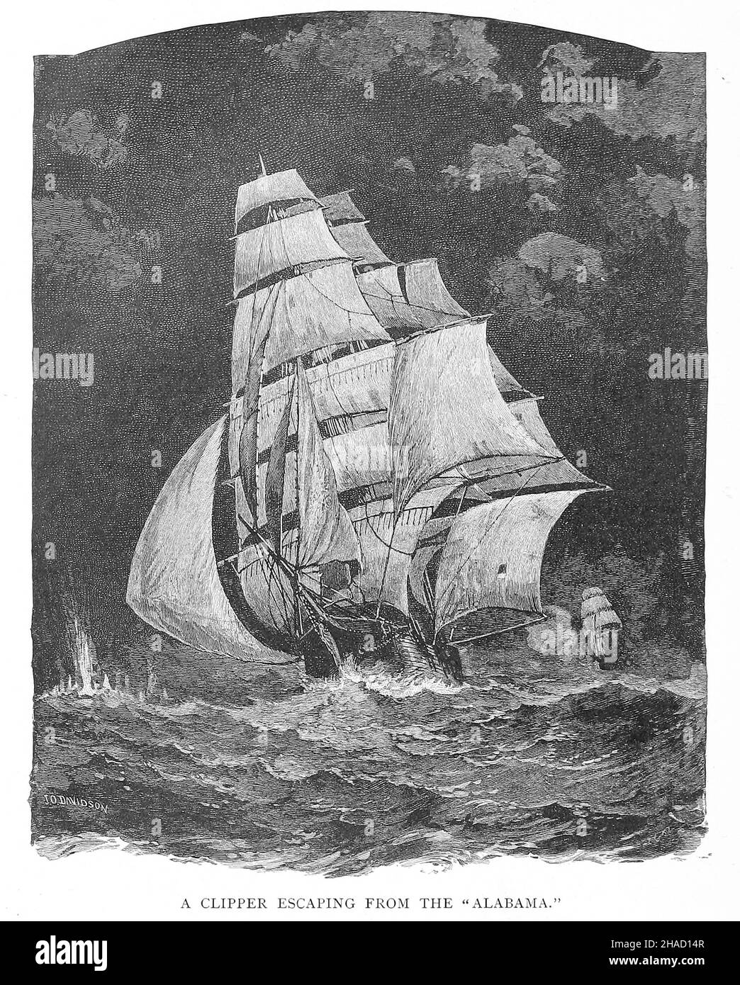 Un Clipper fuggire dalla 'USS Alabama' da ' il libro dell'oceano ' di Ernest Ingersoll, Pubblicazione data 1898 Editore: New York, il secolo co. I temi includono l'oceano e la sua origine.-- onde, maree, e correnti.--la costruzione e il rigging di navi.--primi viaggi ed esplorazione.-- Segreti vinti dal Nord congelato.--navi di guerra e battaglie navali.--i mercanti del mare.--Robbers dei mari.--Yachting e piacere-barca.--pericoli del profondo.-- pesca ed altre industrie marine.--le piante del mare e dei loro usi.--vita animale nel mare Foto Stock