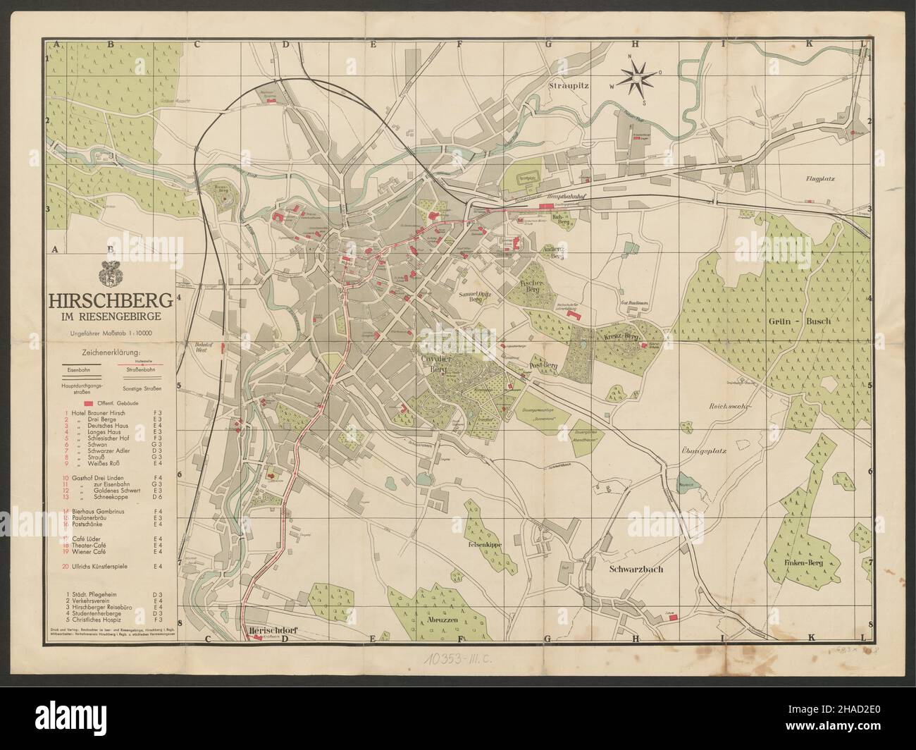 Jelenia Góra mappa, Jelenia Gūra mappa, Jelenia Gora mappa, Old mappa di Jelenia Gora, Hirschberg mappa, Old mappa di Hirschberg, Jelenia Gora Stampa, 1933 Foto Stock