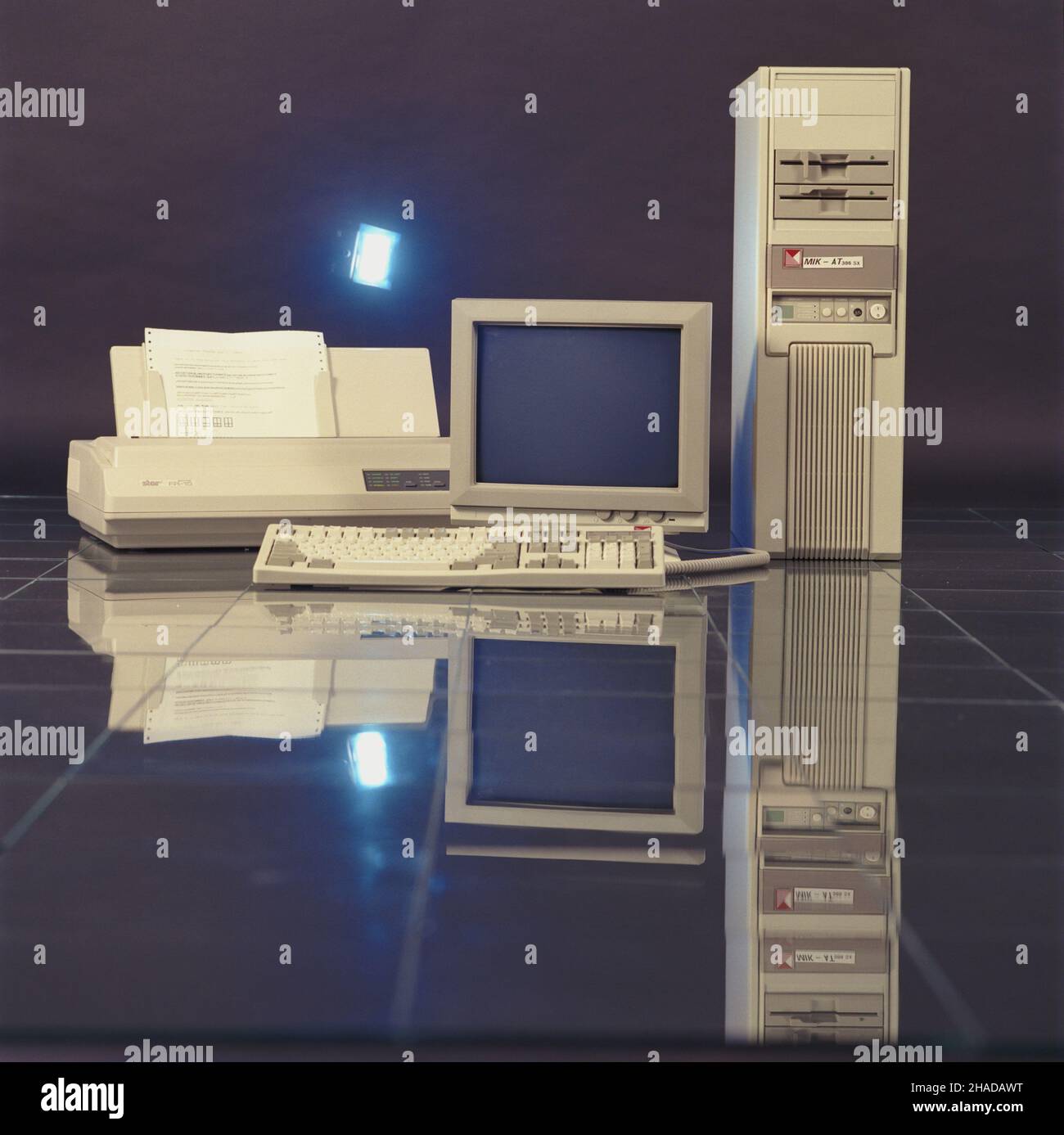 Polska 03,1990. Komputer MIK A 386 Sx z akcesoriami i drukark¹ Star SR-15. wb PAP/Jan Bogacz Grzegorz Rogiñski Dok³adny dzieñ wydarzenia nieustalony. Polonia, marzo 1990. Il MIK A 386 SX computer con accessori e la stampante Star SR-15. wb PAP/Jan Bogacz Grzegorz Roginski evento giorno sconosciuto Foto Stock