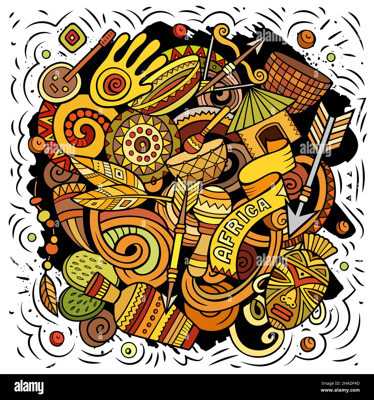 Africa disegnata a mano fumetto doodles illustrazione. Design divertente da viaggio. Sfondo vettoriale creativo. Simboli, elementi e oggetti africani. Colorato c Illustrazione Vettoriale