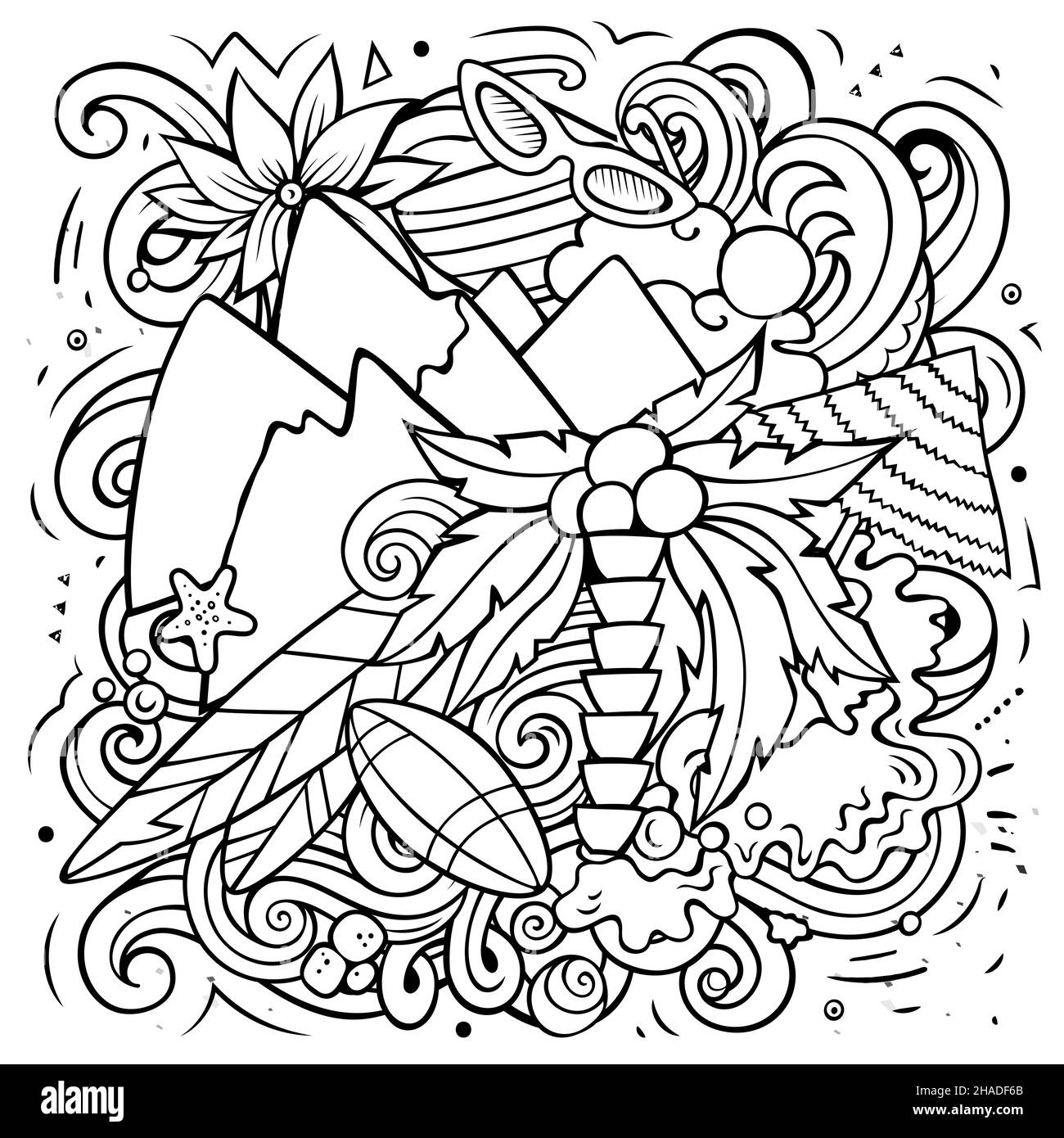 Illustrazione di fumetto vettoriale di Figi. Composizione dettagliata di schizzo con molti oggetti e simboli esotici dell'isola. Illustrazione Vettoriale