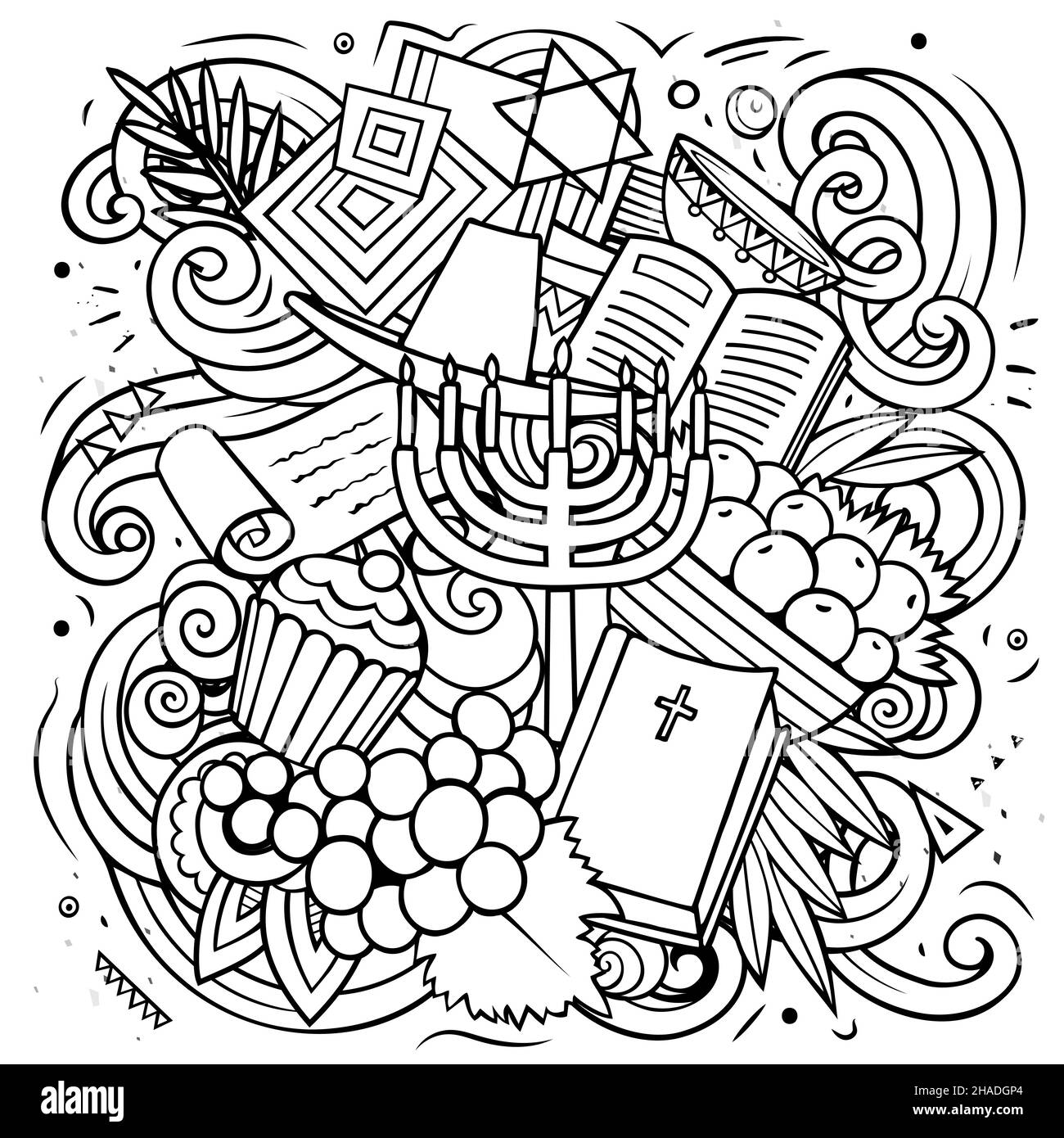 Israele cartoon vettore Doodle illustrazione. Line art composizione dettagliata con molti oggetti e simboli israeliani. Illustrazione Vettoriale