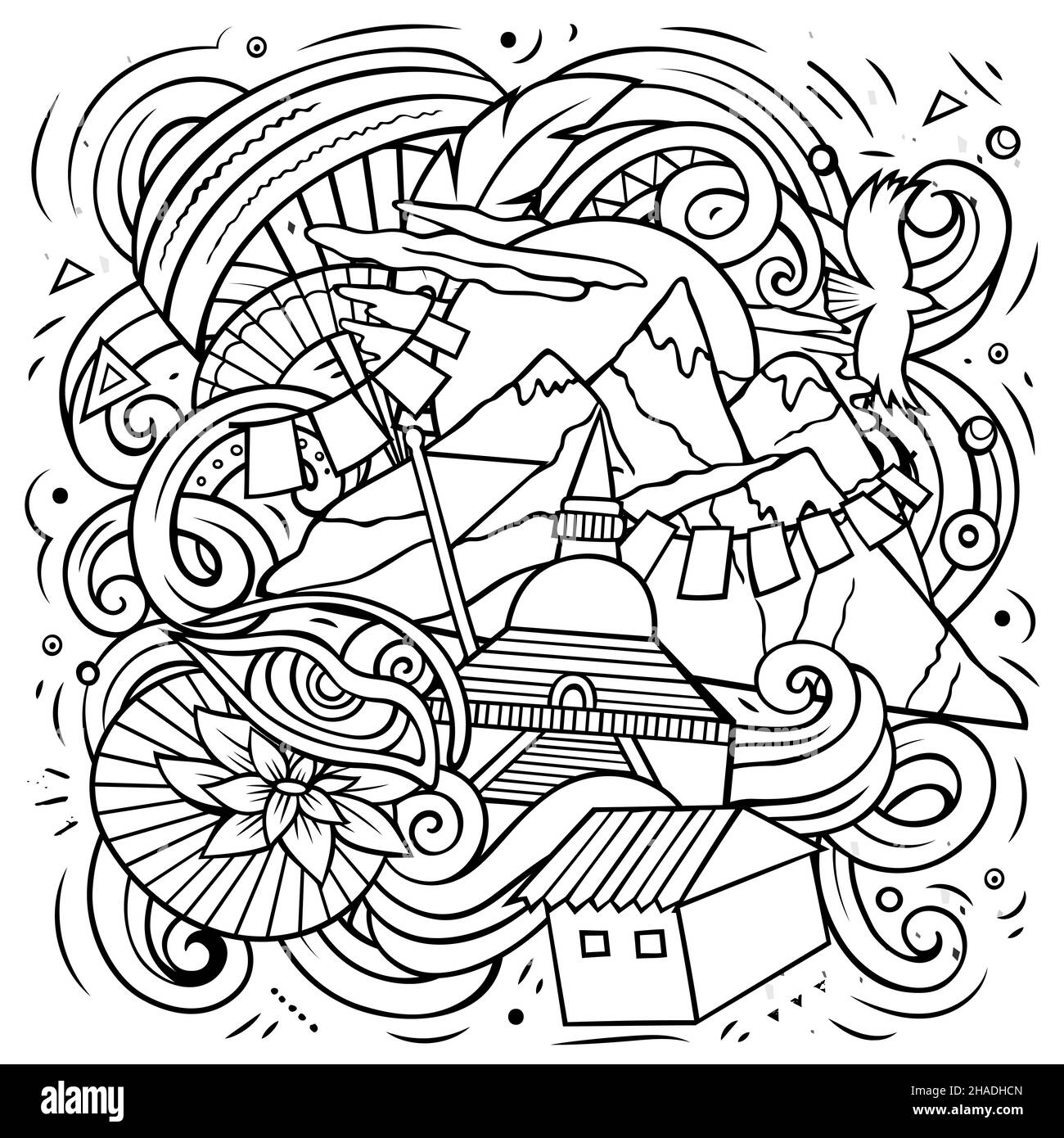 Nepal cartoon vettore Doodle illustrazione. Composizione dettagliata di Line art con molti oggetti e simboli nepalesi. Illustrazione Vettoriale