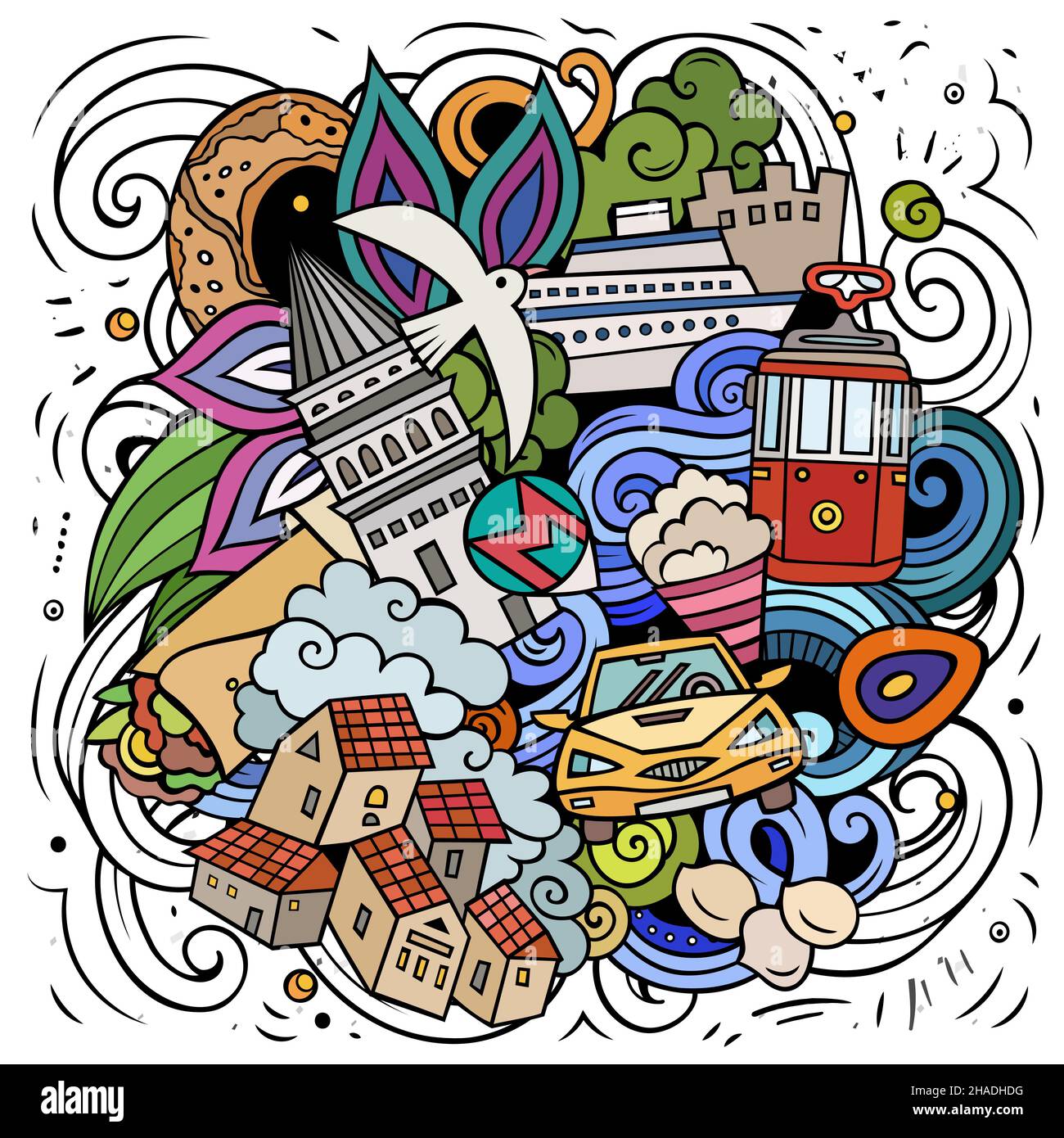 Istanbul cartoon vettore Doodle illustrazione. Composizione colorata e dettagliata con molti oggetti e simboli turchi. Illustrazione Vettoriale