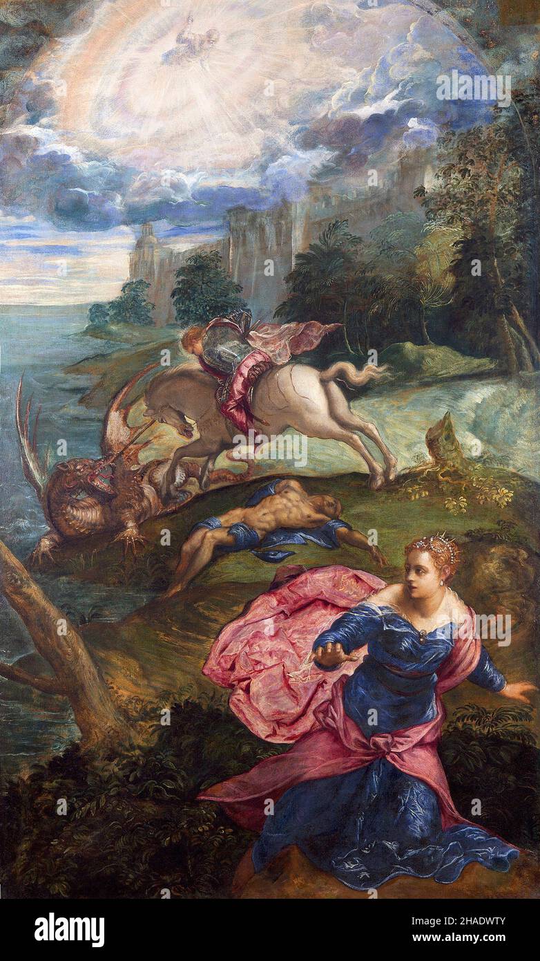 San Giorgio e il drago di Tintoretto (1518-1594), olio su tela, c.. 1555 Foto Stock