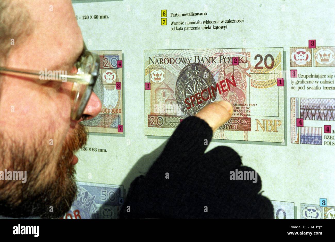 Warszawa, 1995-01-03. Banconota da debito i monety na plakatach. umr PAP/Andrzej Rybczyñski Foto Stock