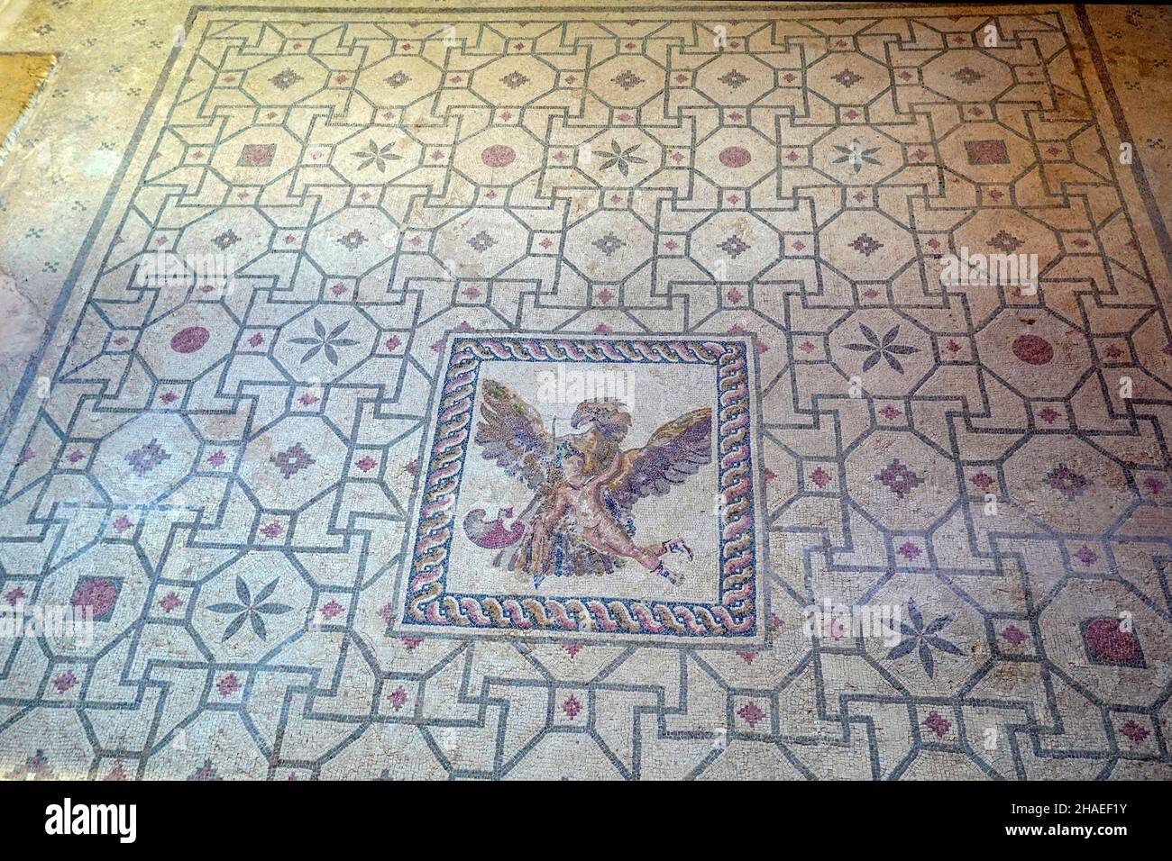 Mosaici romani in antica villa a Paphos, Paphos, Pafos, Cipro, Mediterraneo, destinazione di vacanza Foto Stock