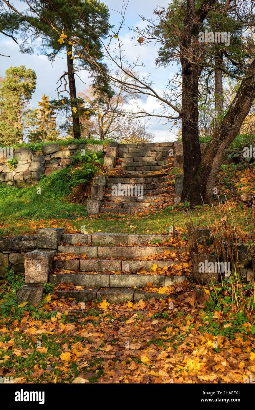 Scalini di pietra che conducono al terreno vuoto dove Villa Solhem si trovava in autunno nel distretto di Vähä-Meilahti di Helsinki, Finlandia Foto Stock