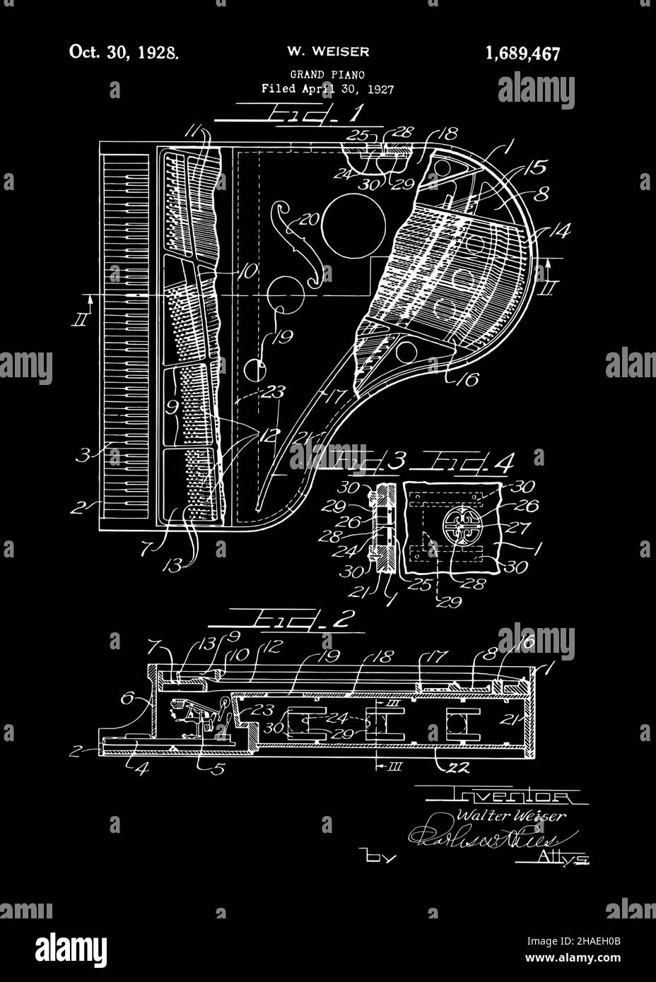 Grand piano Patent il brevetto è stato rilasciato dall'United States Patent Office, restaurato e migliorato digitalmente. Foto Stock