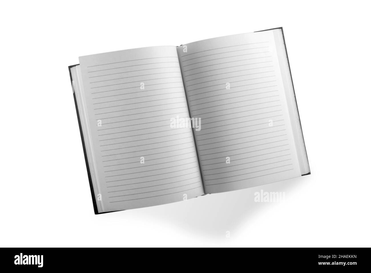 Notebook con fodera aperta isolato su sfondo bianco nella vista dall'alto, disposizione piatta, spazio di copia, percorso di ritaglio Foto Stock