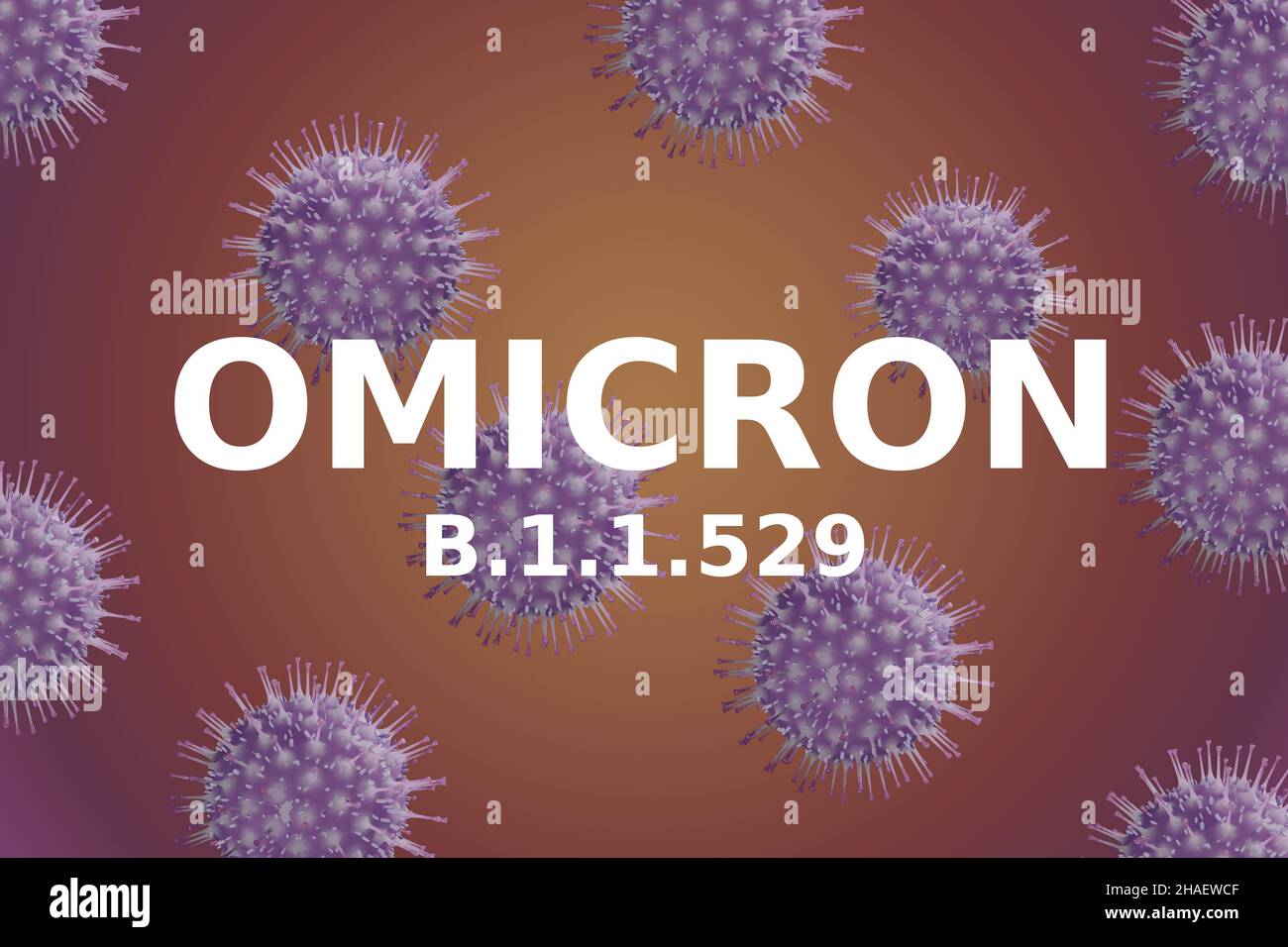 Poster variante Omicron COVID-19, banner panoramico con germi di coronavirus. Vista microscopica del coronavirus nella cellula. Concetto di virologia scientifica Foto Stock