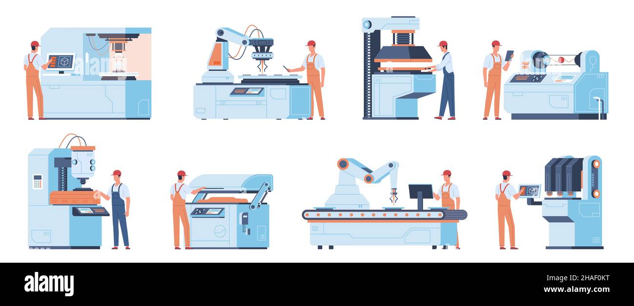 Lavoratori di fabbrica persone. Macchine industriali, apparecchiature elettroniche di produzione, tecnologia ingegneristica, stampi e assemblatori, professionali Illustrazione Vettoriale