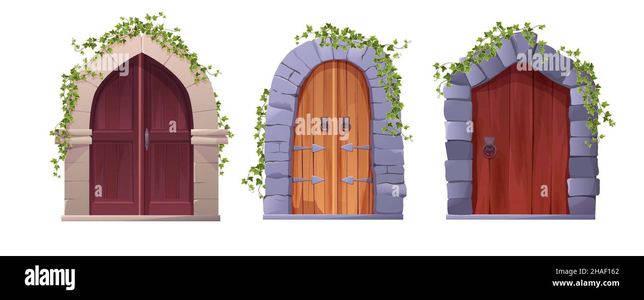Antica porta medievale in legno con arco e pianta d'edera. Ingresso, cancello in un castello, chiesa o casa. Illustrazione Vettoriale