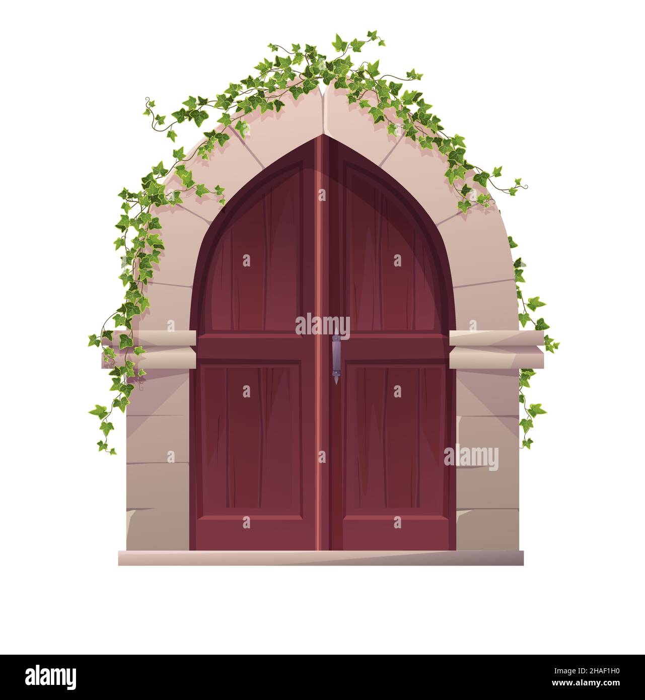 Antica porta medievale in legno con arco e pianta d'edera. Ingresso, cancello in un castello, chiesa o casa. Illustrazione Vettoriale