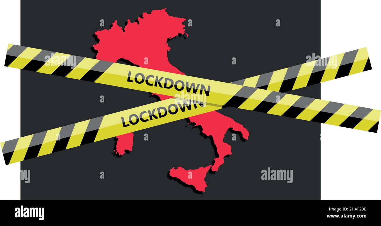 nastro di sicurezza sopra la silhouette italiana. Minaccia di coronavirus. Immagine concettuale. Illustrazione vettoriale Illustrazione Vettoriale
