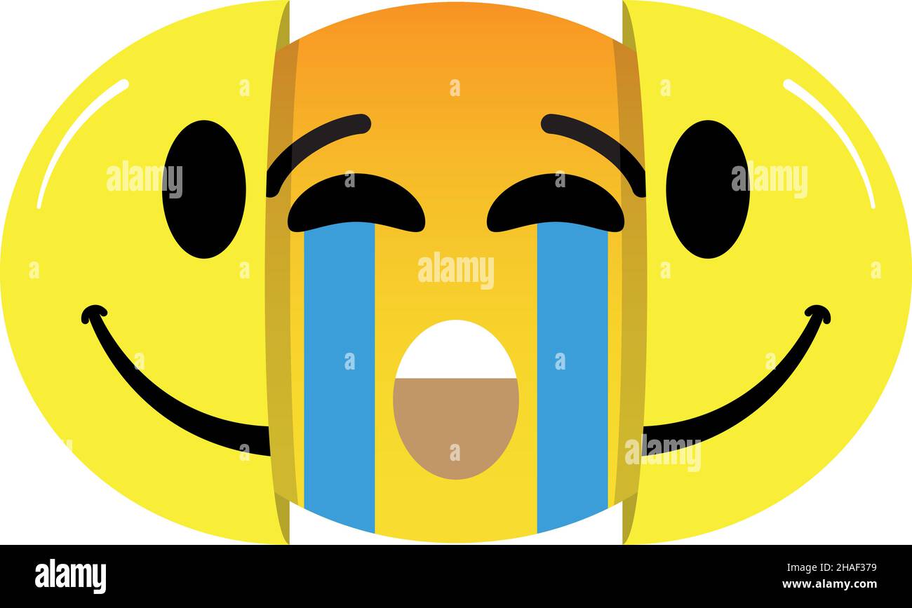 Fingere felicità e nascondere la sofferenza concetto emoticon emoji vettore isolato. Illustrazione Vettoriale