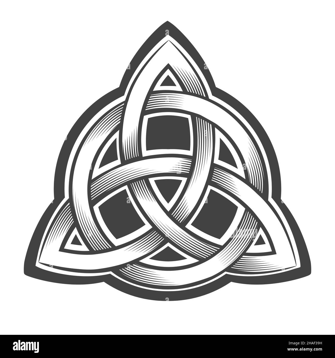 Tatuaggio della Trinità Celtica nodo Triquetra isolato su bianco. Illustrazione vettoriale. Illustrazione Vettoriale