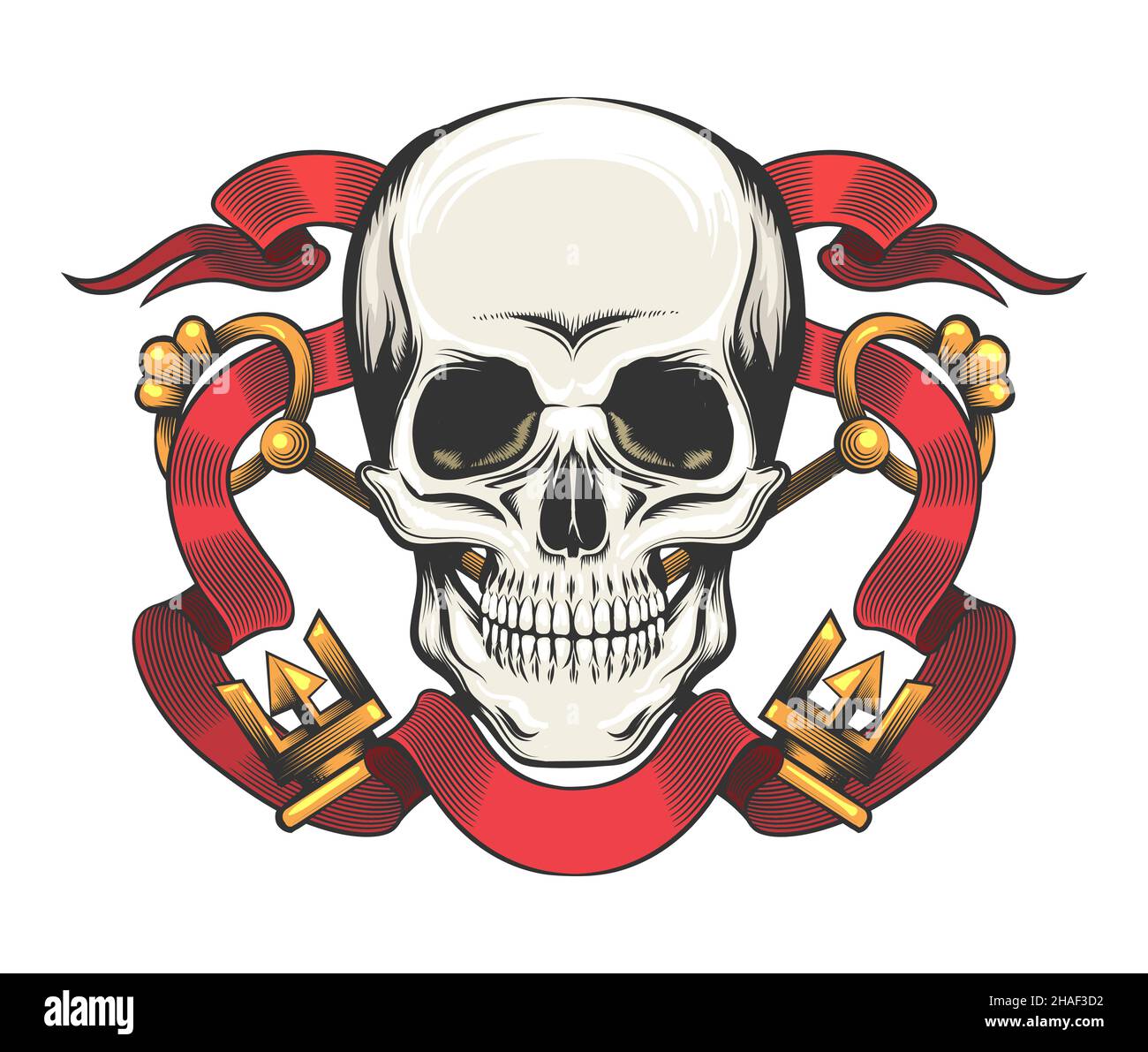 Tatuaggio del cranio con chiavi d'oro e nastro rosso. Simbolo esoterico fragilità di esistenza isolato su bianco. Illustrazione vettoriale. Illustrazione Vettoriale