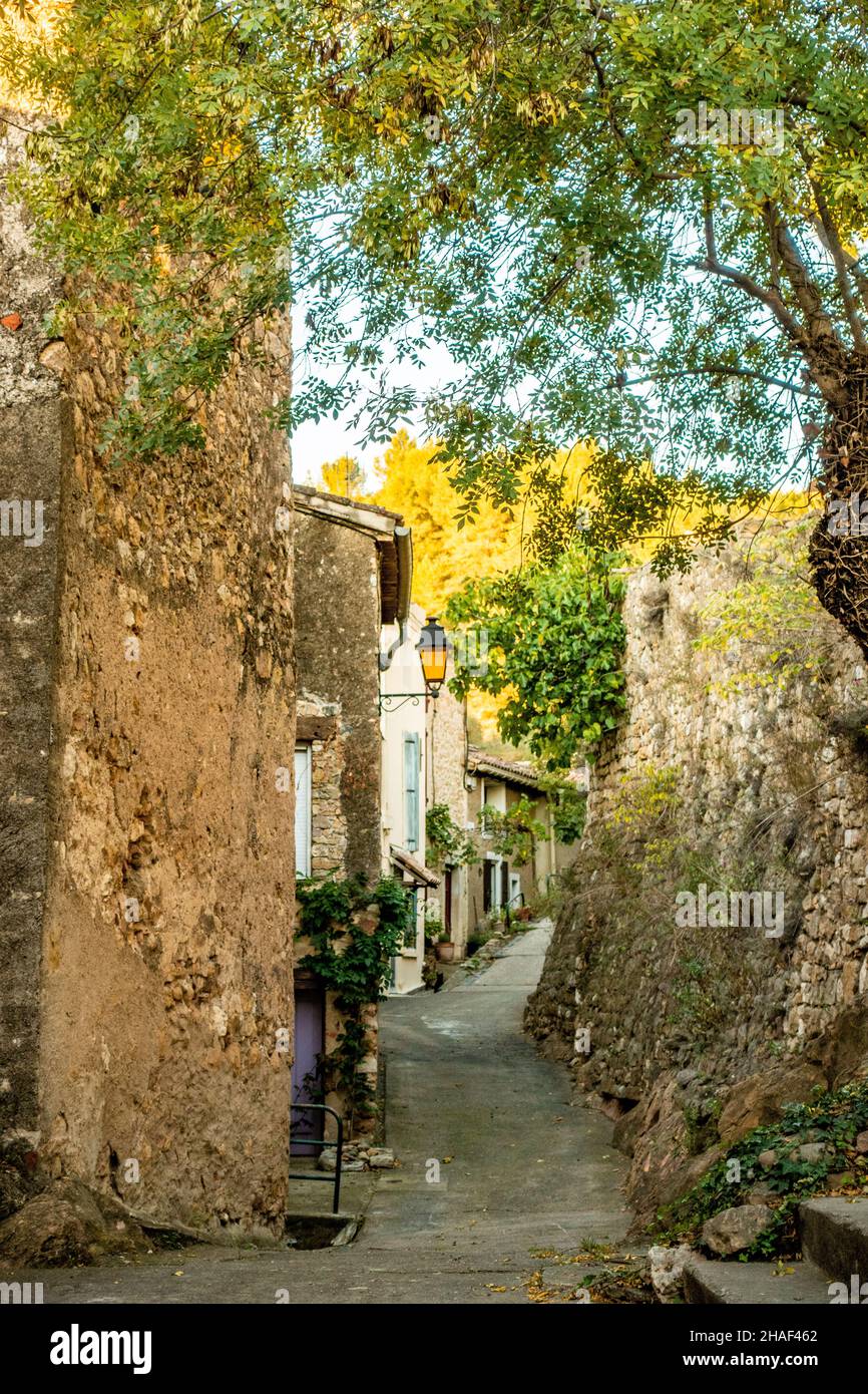 Strada stretta con case in pietra a Cessenon sur Orb, Francia. Foto Stock