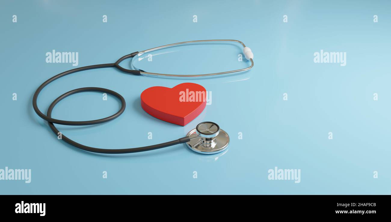 Stetoscopio accanto alla forma di un cuore. Concetto di cardiologia. 3d illustrazione. Foto Stock