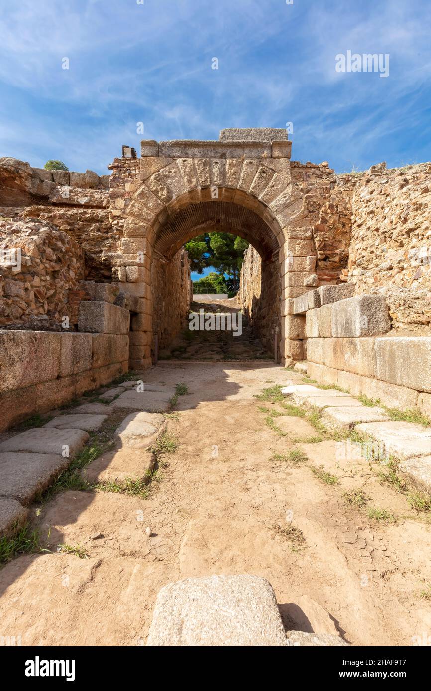 Rovine romane teatro di Merida, Badajoz, Spagna. Foto Stock