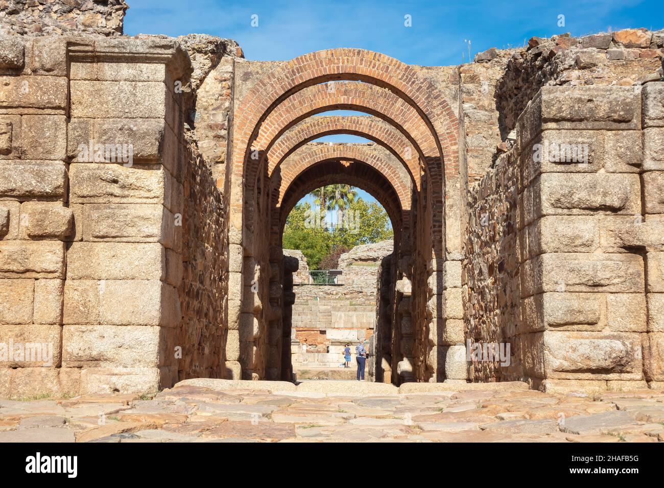 Rovine romane teatro di Merida, Badajoz, Spagna. Foto Stock