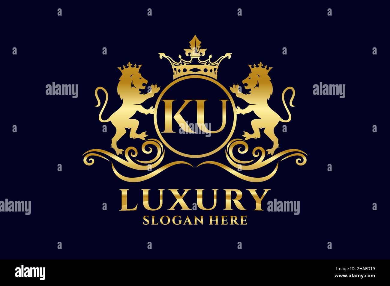 Modello KU Letter Lion Royal Luxury Logo in grafica vettoriale per progetti di branding di lusso e altre illustrazioni vettoriali. Illustrazione Vettoriale