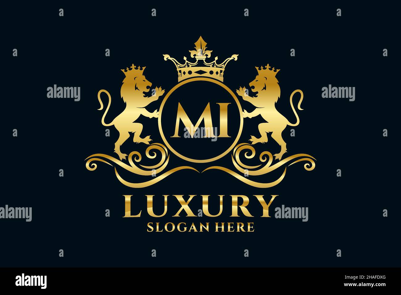 MODELLO DI logo MI Letter Lion Royal Luxury in grafica vettoriale per progetti di branding di lusso e altre illustrazioni vettoriali. Illustrazione Vettoriale