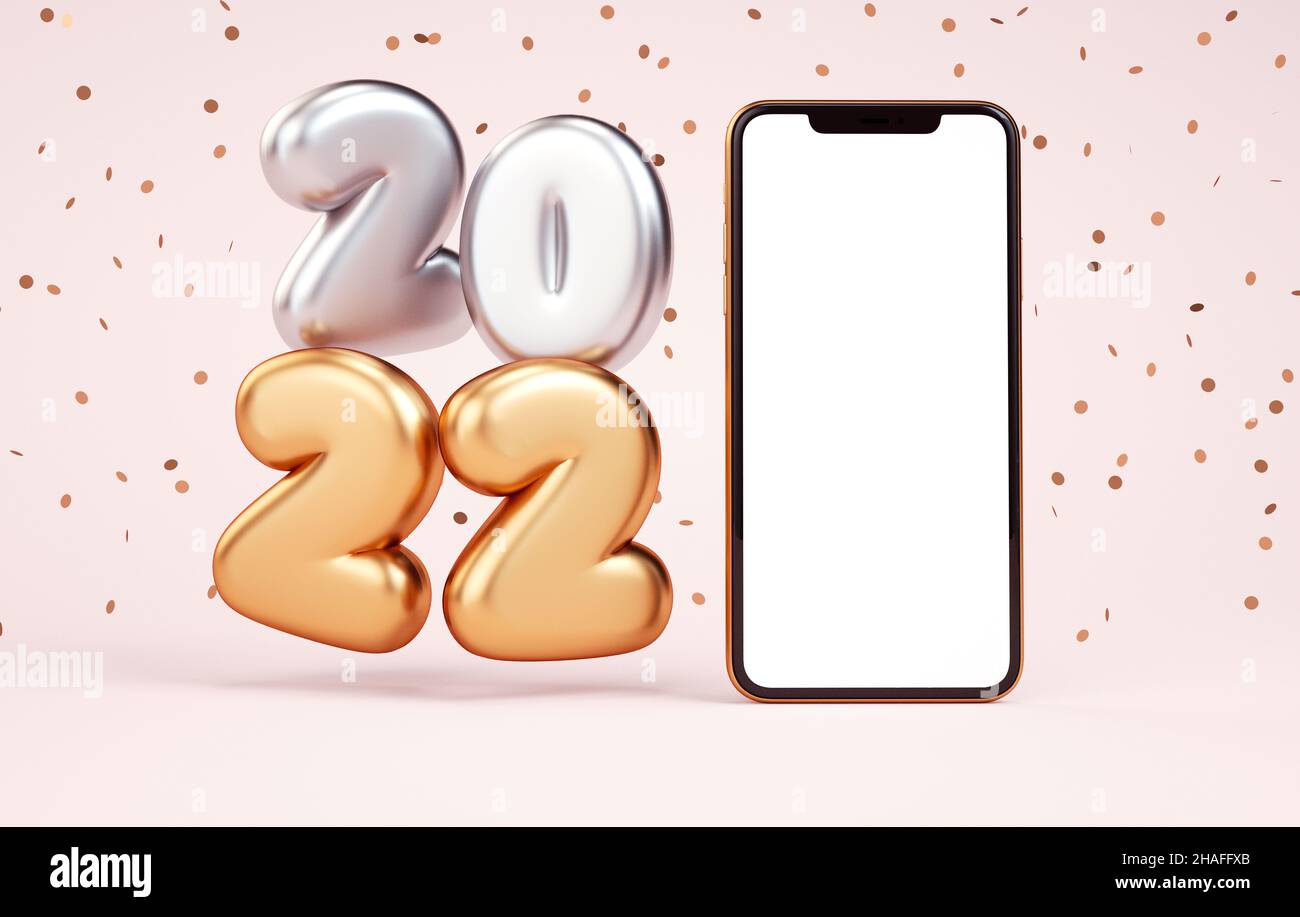 2022 cellulare bianco schermo mockup con numeri metallici dorati e argento su sfondo rosa. Illustrazione del nuovo anno per il design di banner o volantini c Foto Stock