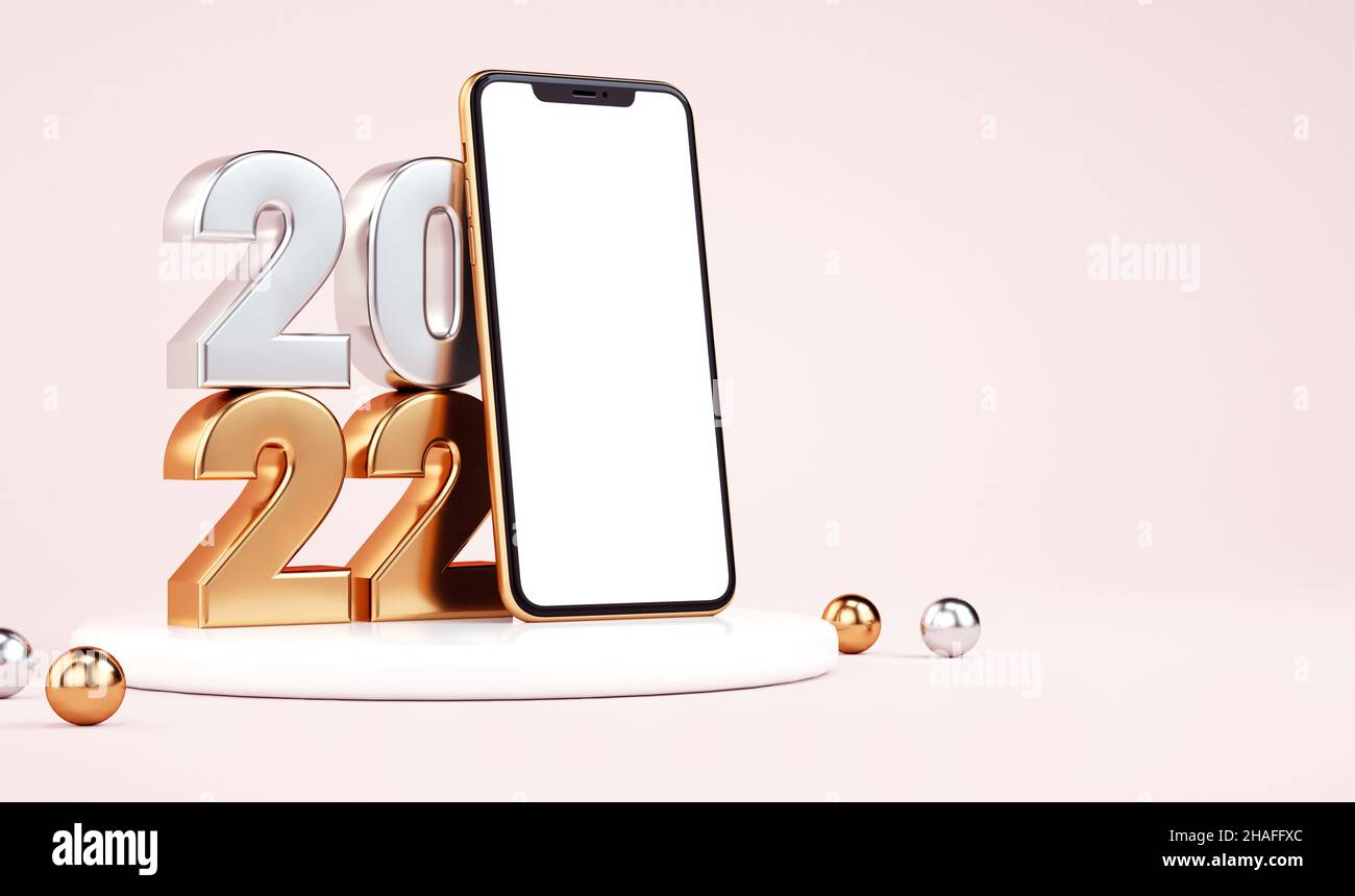 2022 nuovo anno cellulare bianco schermo mockup su un podio con numeri metallici d'oro e d'argento. Sfondo dell'illustrazione delle festività per striscioni o flye Foto Stock
