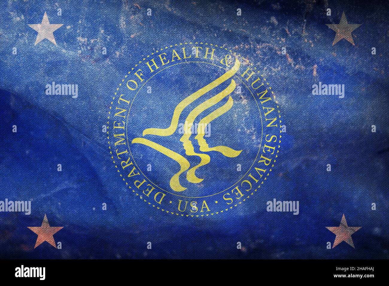 Minsk, Bielorussia - Maggio, 2021: Vista dall'alto della bandiera del Segretario della Sanità e dei servizi umani degli Stati Uniti, senza flagpole. Progettazione di piani, layout. Bandiera backgrou Foto Stock