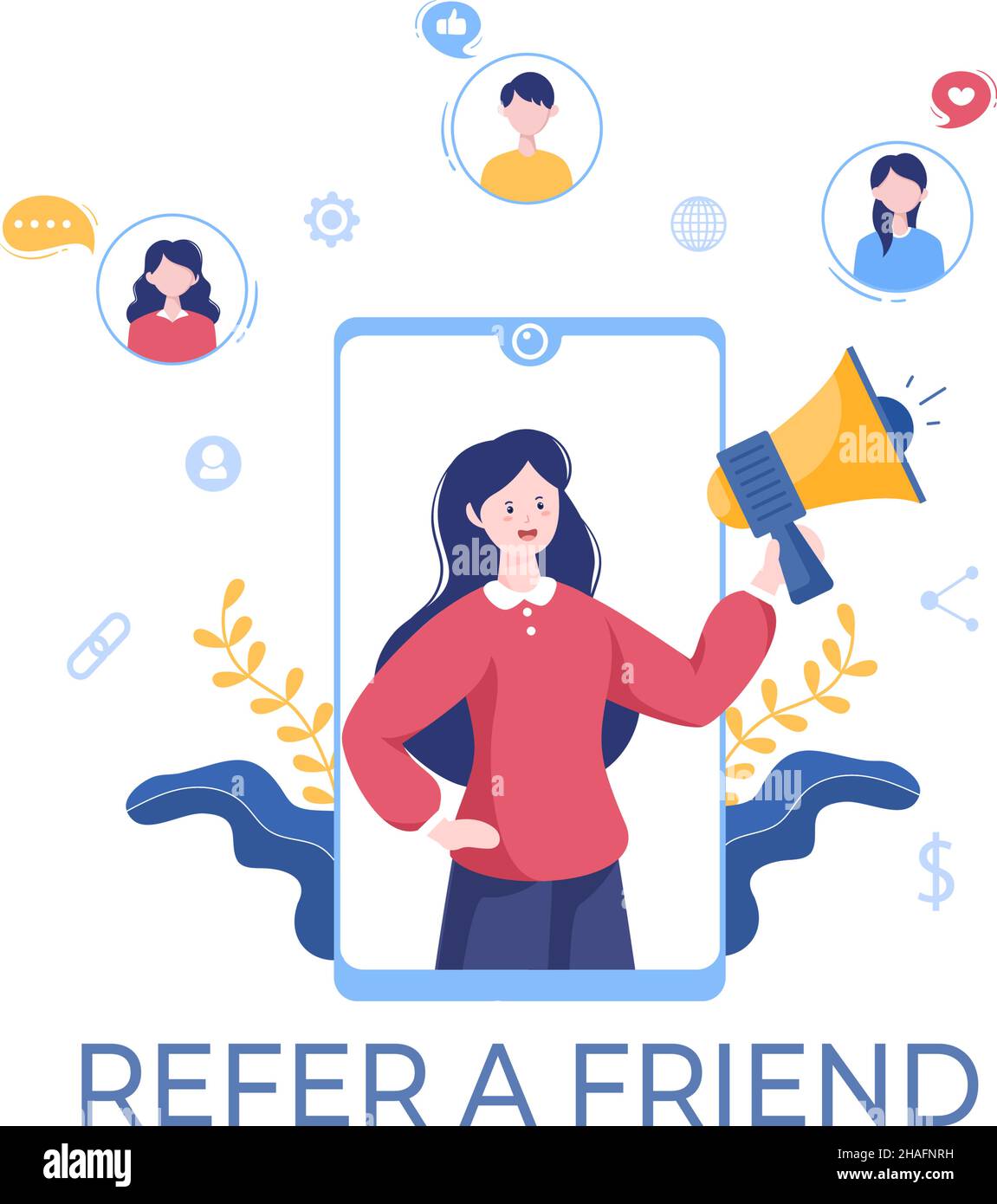 Fate riferimento a un'illustrazione di design piatto per amici con Megaphone su schermo Mobile Phone e Social Media Marketing per gli amici tramite Banner, sfondo o Poster Illustrazione Vettoriale