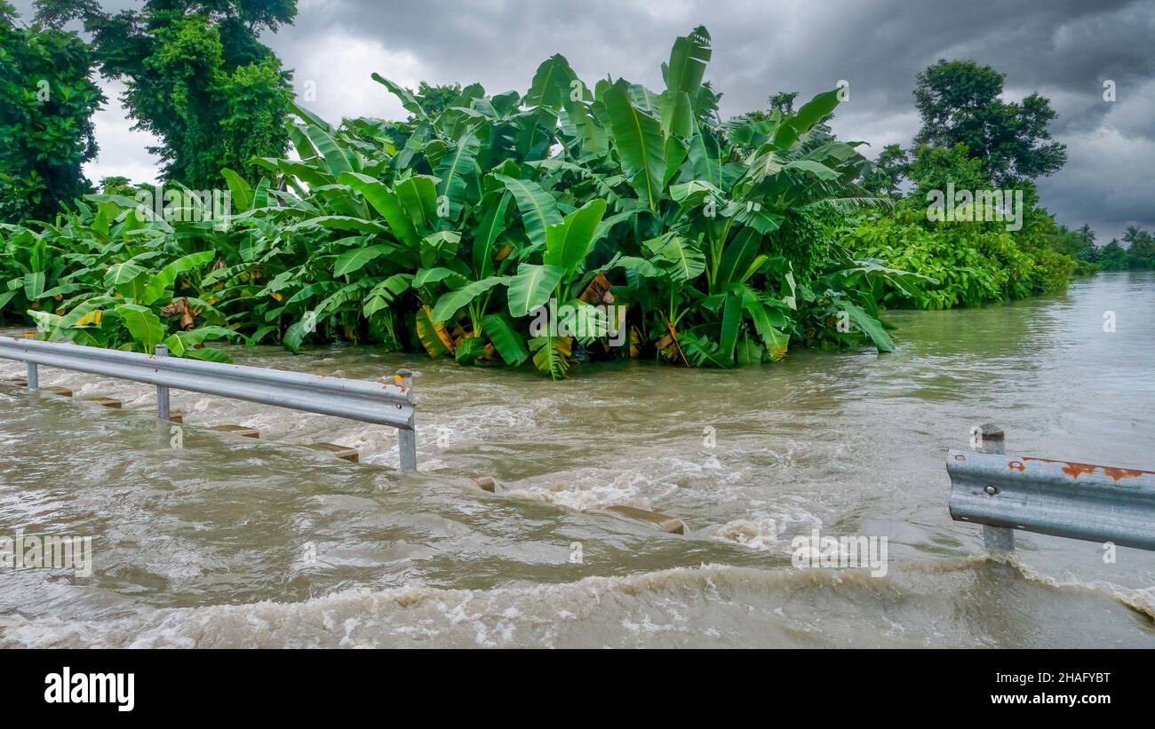 Allagamento su un'autostrada che si riversa in una piantagione di banane e in un campo di riso in una zona rurale vicino a Calapan City sull'isola di Mindoro nelle Filippine. Foto Stock