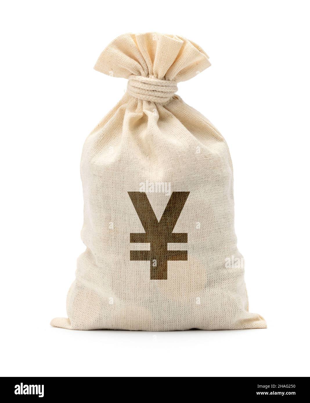 Borsa di denaro e simbolo yuan. Isolato su sfondo bianco. Foto Stock