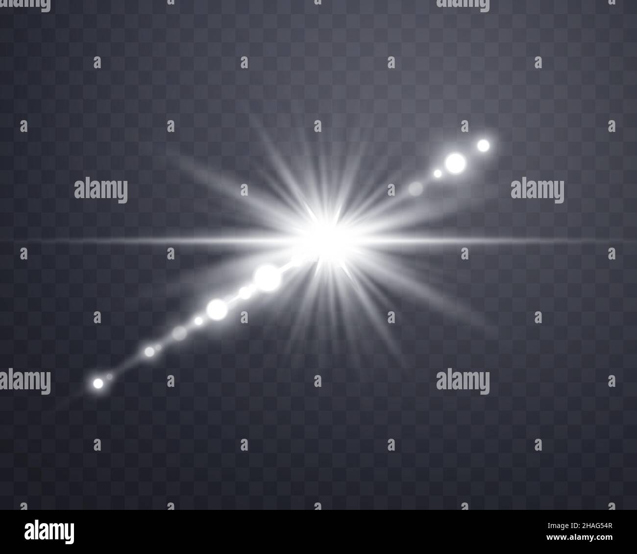 Lenti argento luce solare, flash sole con raggi e faretto. Esplosione a raffica su sfondo trasparente. Illustrazione vettoriale. Illustrazione Vettoriale