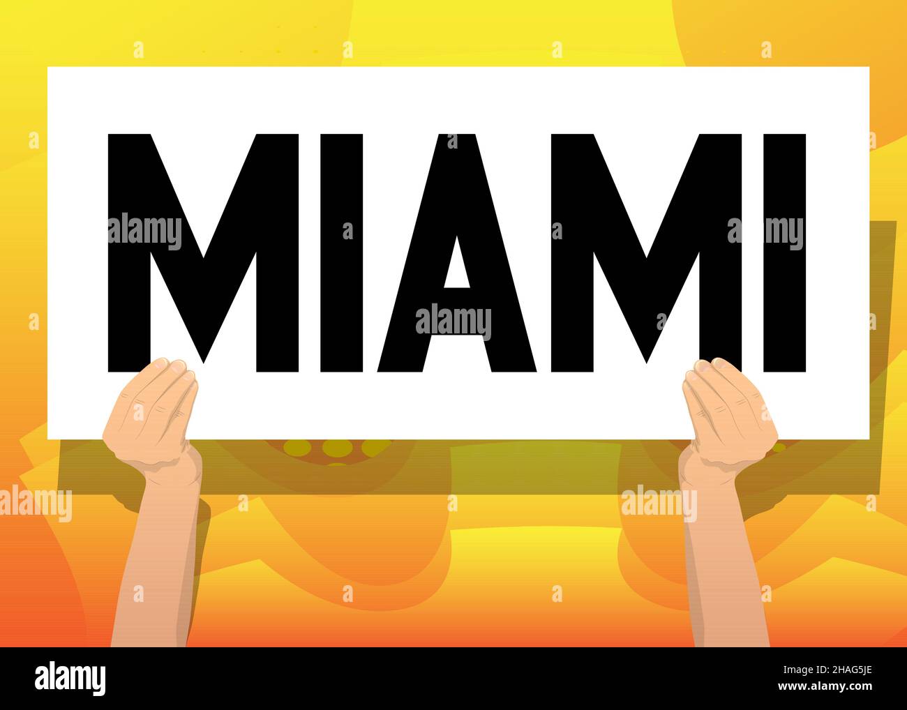 Striscione con mano e testo Miami su white paper. Uomo che mostra il cartellone. Illustrazione Vettoriale