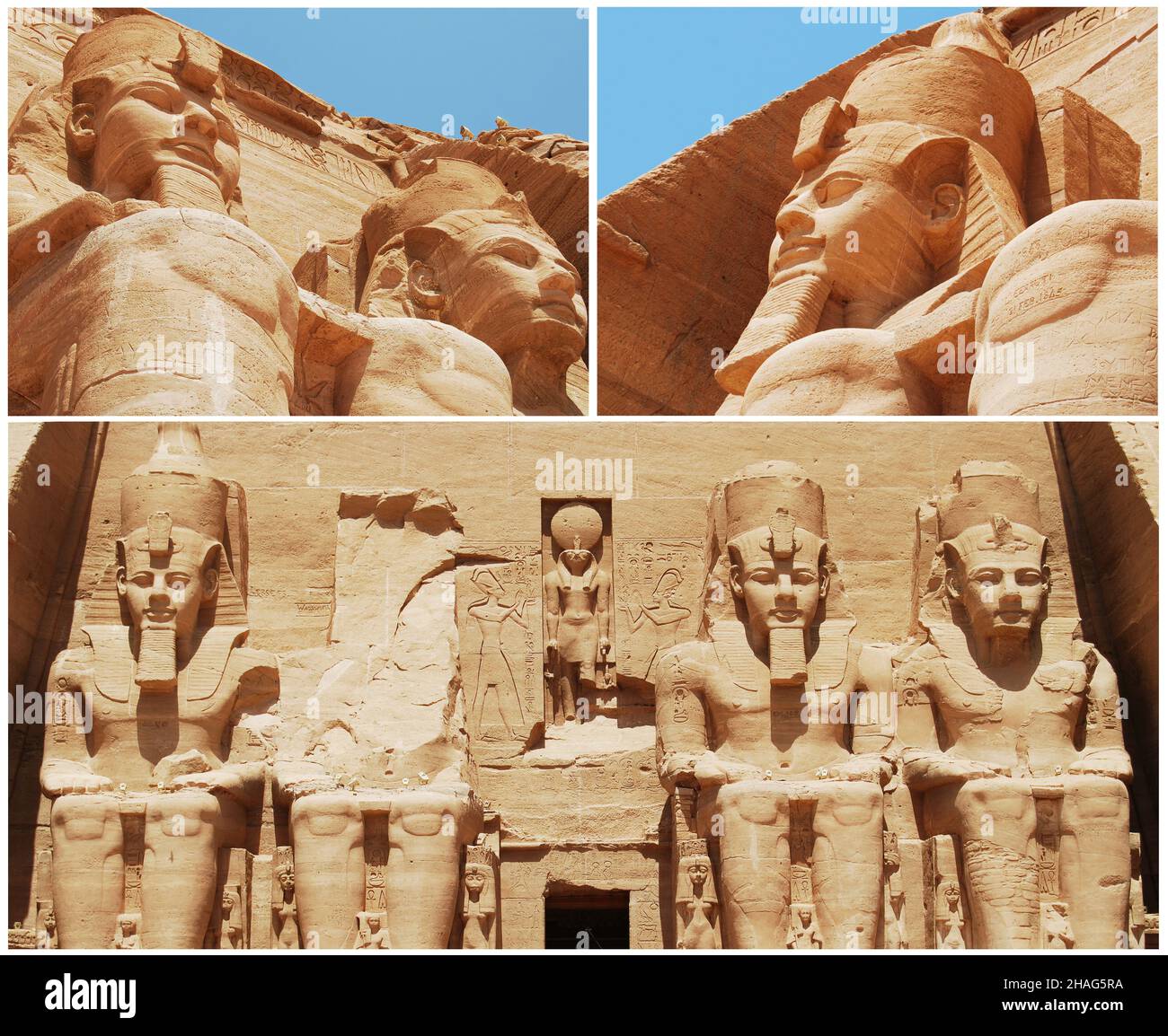 Collage fotografico della statua principale del Tempio di Abu Simbel. Assuan. Egitto Foto Stock