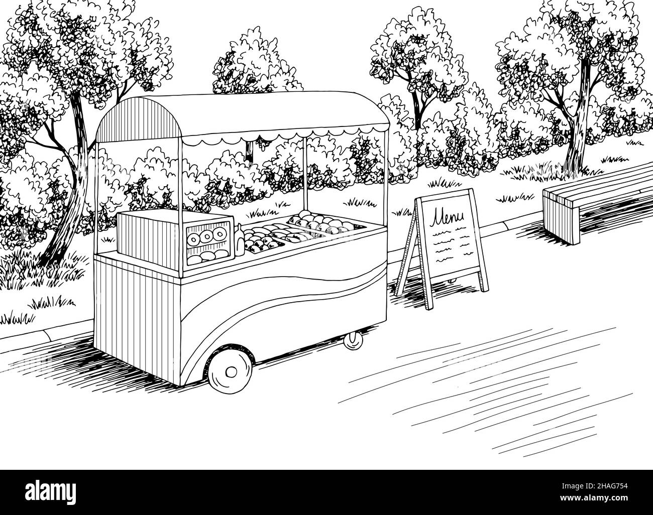 Street food cart grafico bianco nero città paesaggio disegno vettore Illustrazione Vettoriale