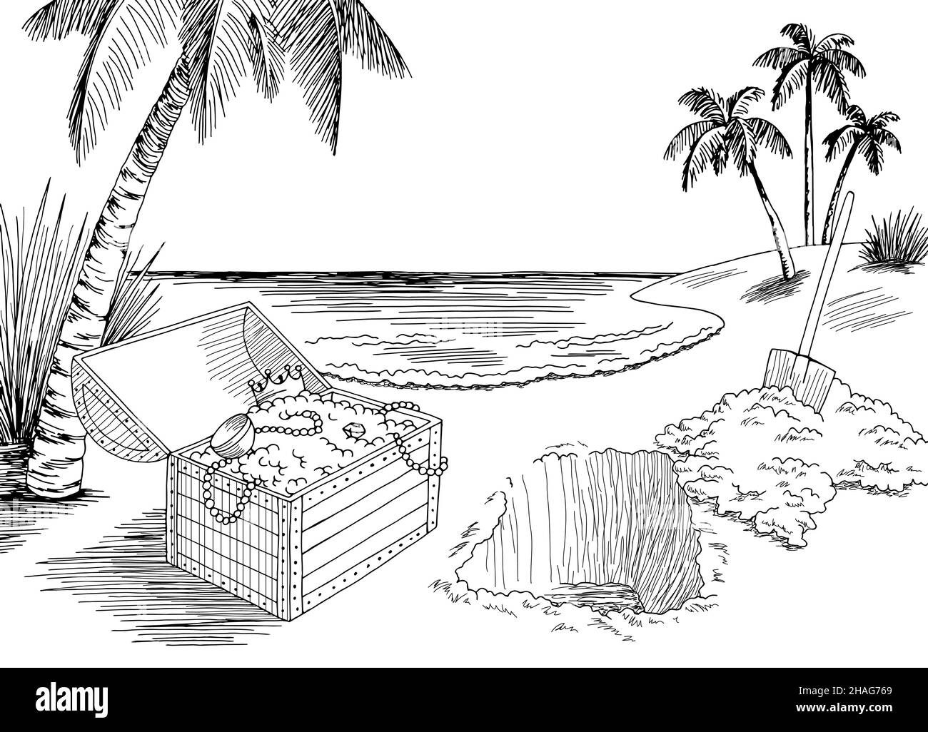Sepolto tesoro mare costa grafico bianco nero paesaggio disegno vettore illustrazione Illustrazione Vettoriale