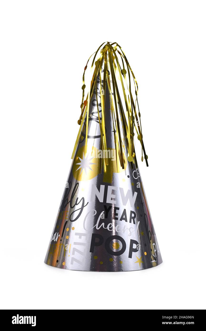 Cappello da festa di fine anno in argento con nappina dorata su sfondo bianco Foto Stock