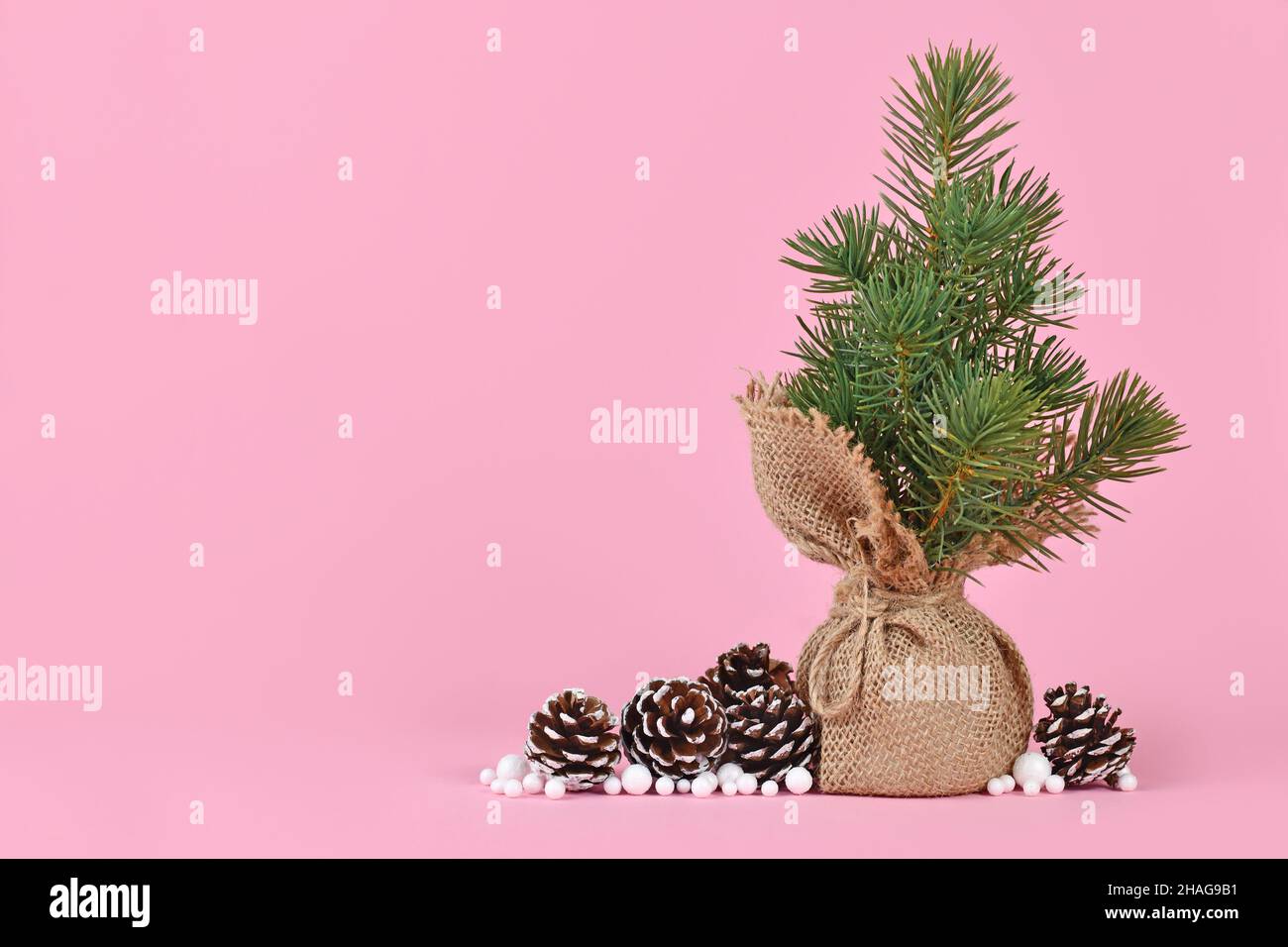 Piccolo albero di natale in borsa di iuta accanto a per cono e palle di neve su sfondo rosa con spazio copia Foto Stock