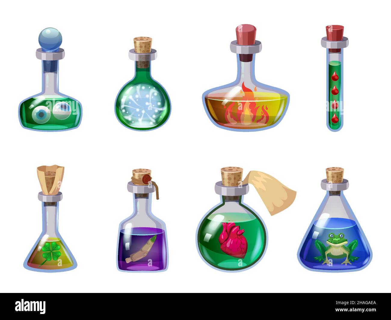 Set di bottiglie pozione magica. Icone di gioco liquido elisir colorato con occhi, cuore, osso, sangue, rana, dito, fuoco, trifoglio. Interfaccia utente dell'app Vector Game asset Illustrazione Vettoriale