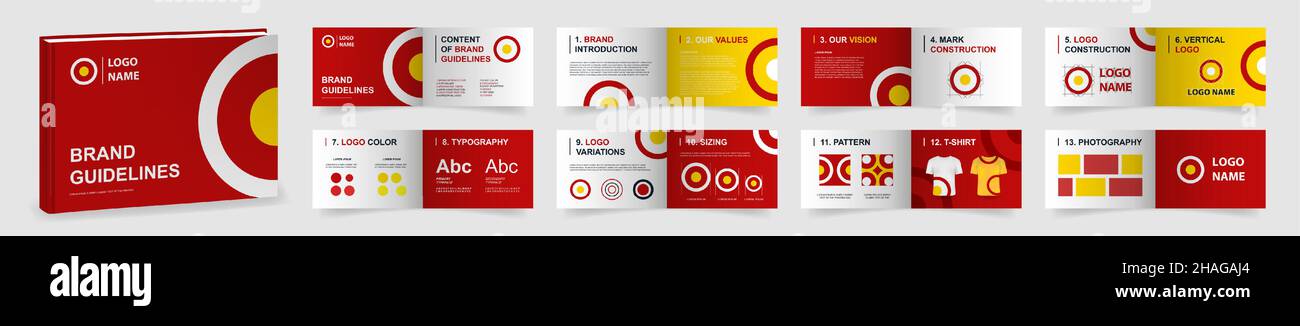 Modello di linee guida per i marchi multiuso. Presentazione del manuale del marchio. Modello di linee guida per il logo rosso. Layout del manuale del logo Illustrazione Vettoriale
